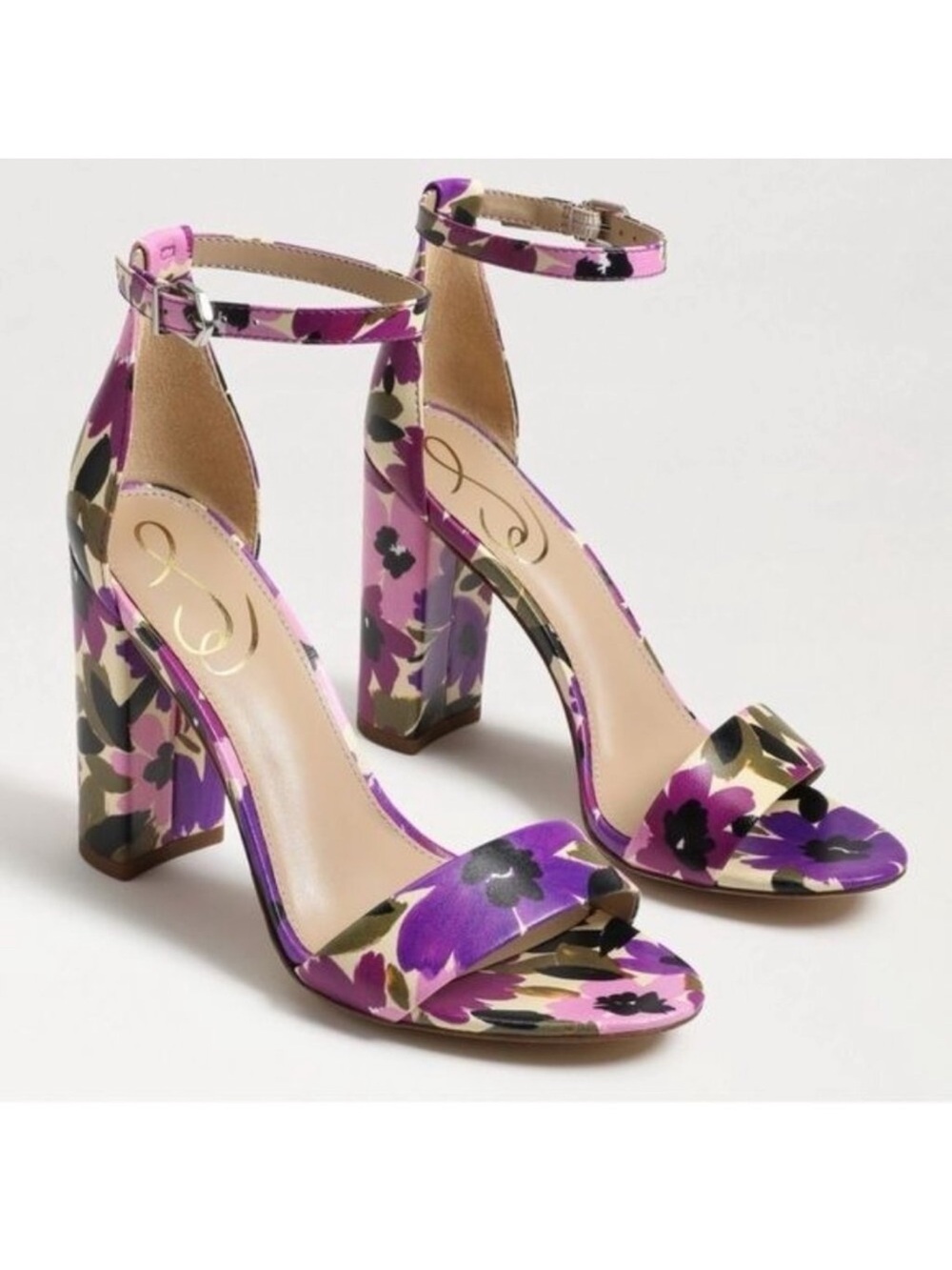 Sam Edelman Shoes Yaro Violet Floral Ankle-Strap Block Heel Sandals 7.5